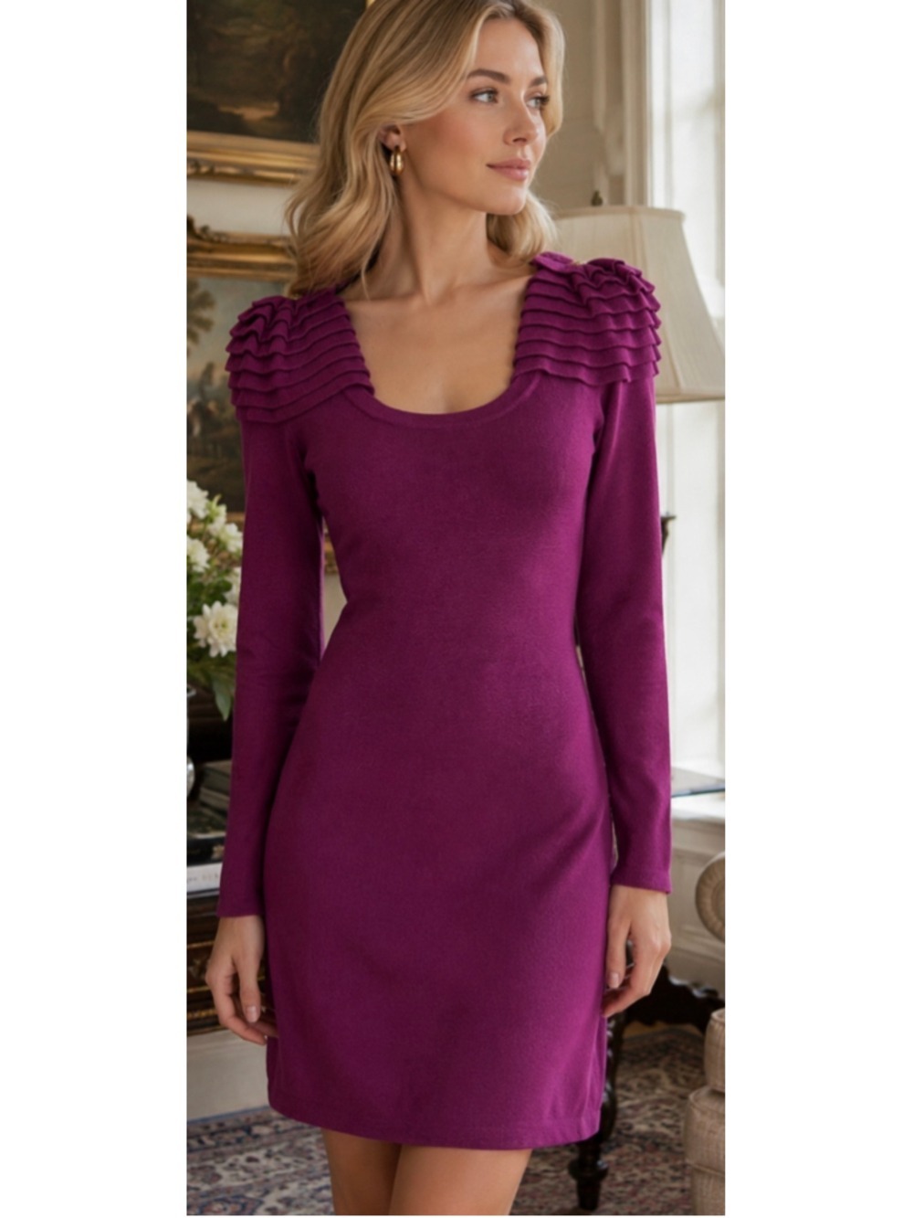 Temperley London Purple Ruffle Shoulder Long Sleeve Mini Dress Size 6 Quiet Luxe